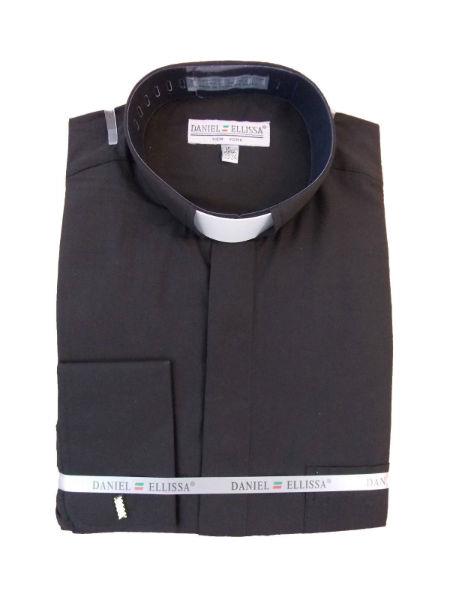 Men's Mandarin Banded Collar FrenchCuff Pastor Preacher Preacher Round Style Long Sleeve Black Collarless Shirt - Small 14.5" Neck / 32-33" Sleeve