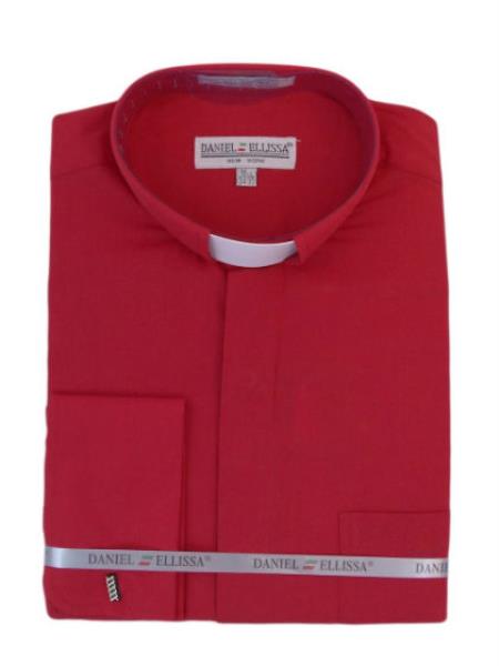 Men's Mandarin Banded Collar Preacher Round Style French Cuff Pastor Preacher Long Sleeve Red Collarless Shirt - Small 14.5" Neck / 32-33