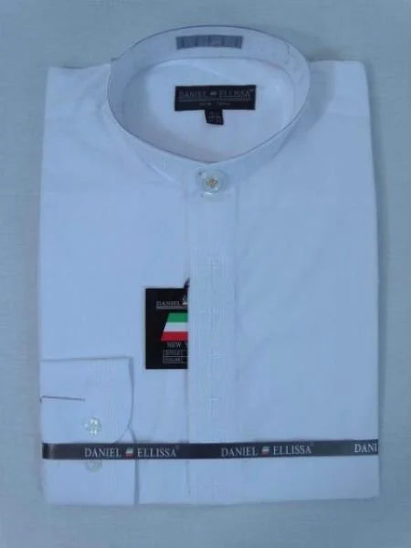 Men's Mandarin Banded Collar Pastor Preacher Preacher Round Style Long Sleeve White/White Collarless Shirt - Small 14.5" Neck / 32-33" Sleeve