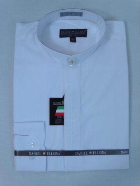 Men's Mandarin Banded Collar Pastor Preacher Preacher Round Style Long Sleeve White/White Collarless Shirt - Small 14.5" Neck / 32-33" Sleeve