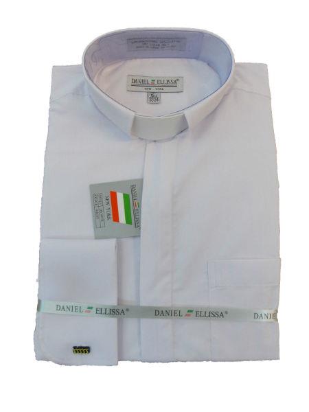 Best Designer Sale Men's Mandarin Banded Collar Preacher Round Style French Cuff Pastor Preacher Long Sleeve White Collarless Shirt - Small 14.5" Neck / 32-33" Sleeve