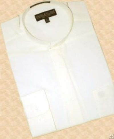 Cream Ivory Banded Collarless Cotton Blend Men's Dress Shirt