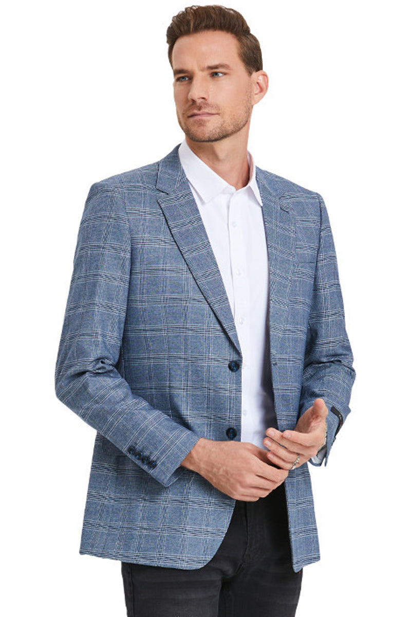 Slim Fit Men's Business Casual Plaid Sport Coat - Light Blue - X-Small