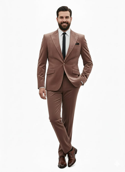 Mens Mauve Velvet Suit – 2 Piece Ultra Slim Fit Blazer and Pants Formal Set in Light Brown Tuxedo