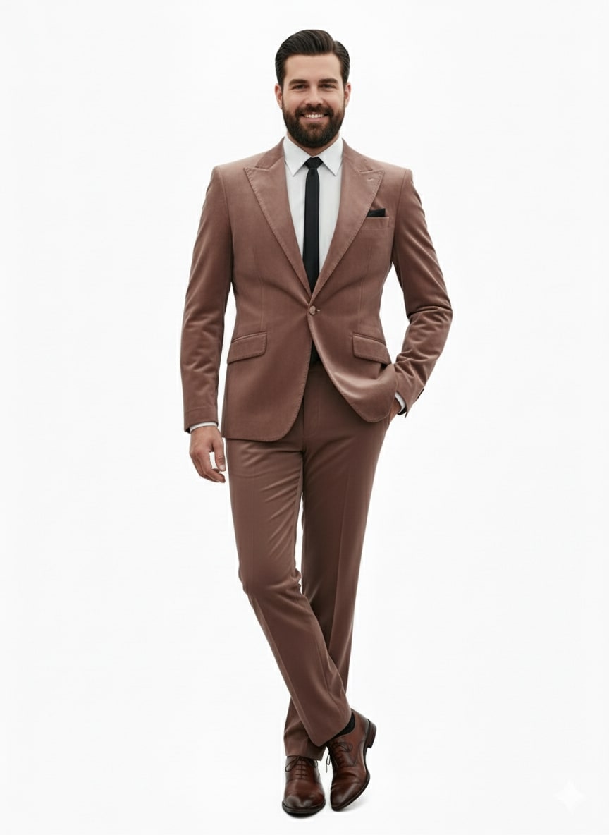 Mens Mauve Velvet Suit – 2 Piece Ultra Slim Fit Blazer and Pants Formal Set in Light Brown Tuxedo - 36R