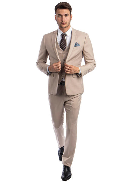 Cheap Priced Suit - Men's Two Button Slim Fit Vested Solid Basic Color Medium Tan Suit