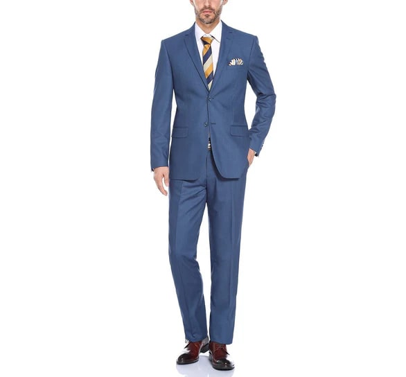 Renoir Clothing - Renoir Suit - Renoir Fashion - Performance 2-button Classic Fit Medium Blue Melange Check Renoir Suit - Coat Size 38