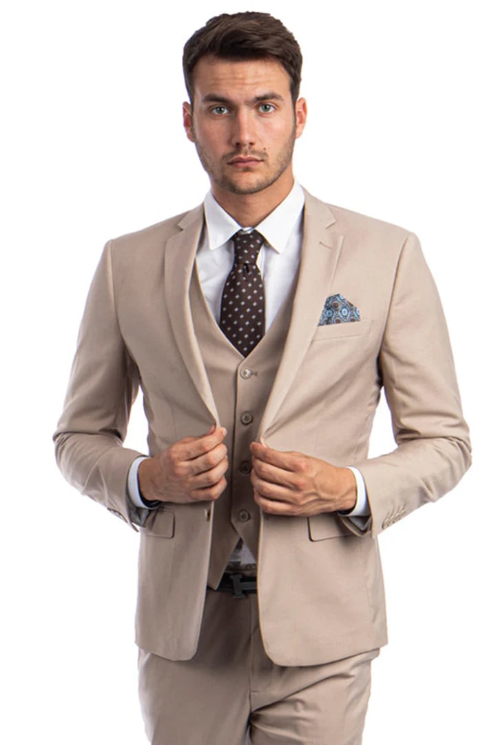 Cheap Suit - Men's Two Button Slim Fit Vested Solid Basic Color Medium Tan Suit - 38 Short Jacket+32 Waist Adjustable 28to34)(Height: 5 4 to5 7 )(Neck 15-16.5)S-M)