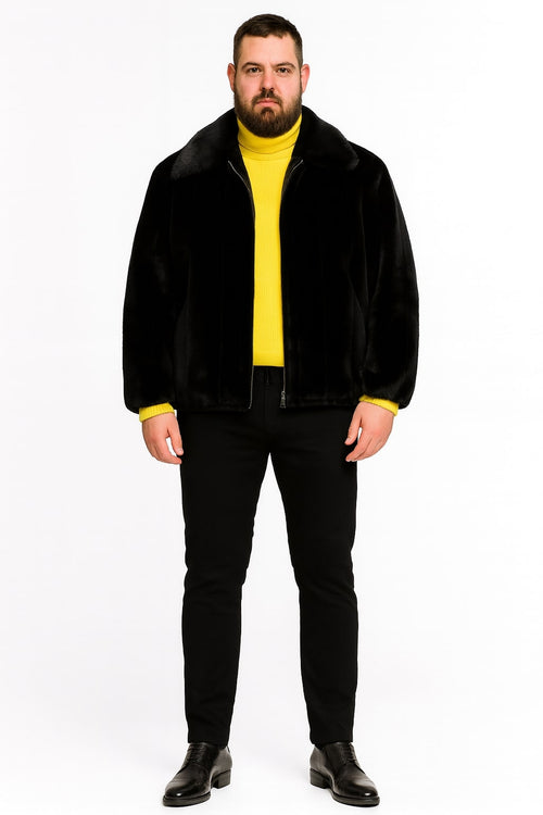 Mens Black Faux Fur Jacket Luxury Winter Zip-Up Coat with Soft Plush Finish