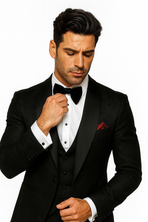 Men One Button Floral All Black Tuxedo with Shawl Lapel β 3 Piece