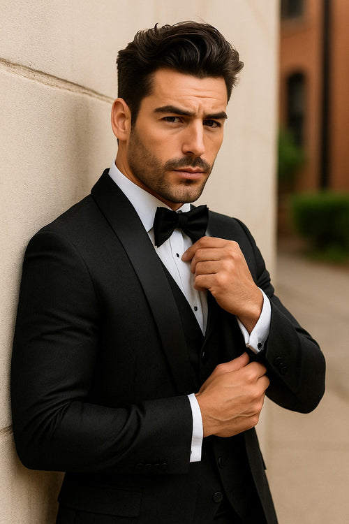 Men One Button Floral All Black Tuxedo with Shawl Lapel β 3 Piece