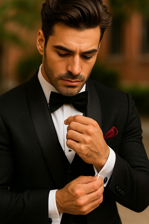 Men One Button Floral All Black Tuxedo with Shawl Lapel β 3 Piece