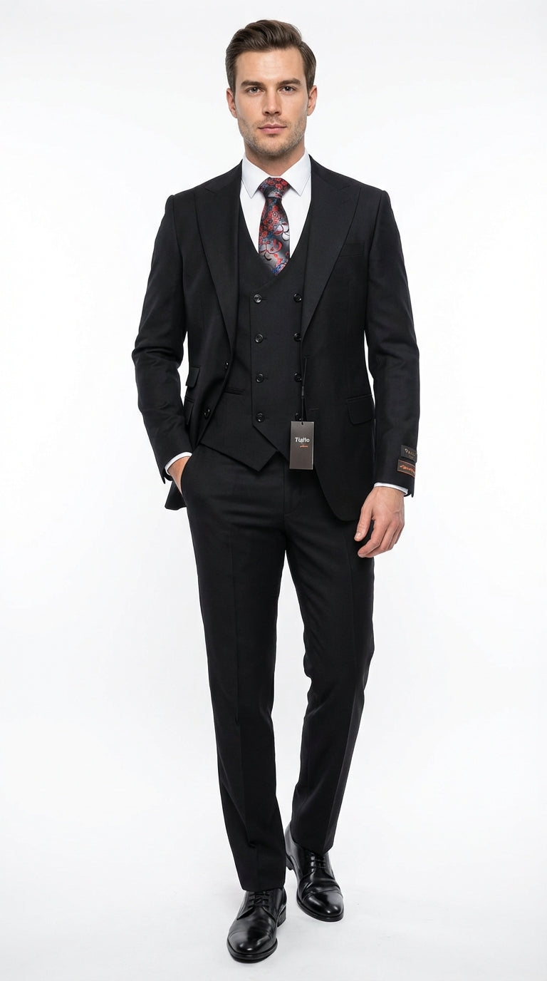 Tiglio Mens Black 3 Piece Suit Classic Formal Business Suit with Vest for Wedding and Special Occasion