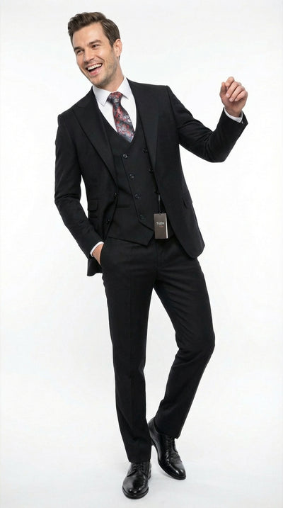 Tiglio Mens Black 3 Piece Suit Classic Formal Business Suit with Vest for Wedding and Special Occasion