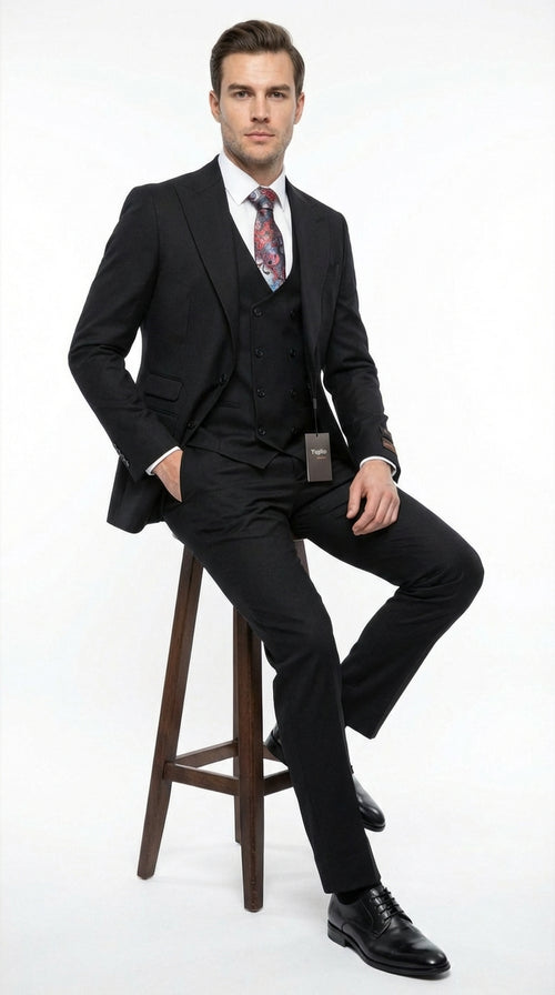 Tiglio Mens Black 3 Piece Suit Classic Formal Business Suit with Vest for Wedding and Special Occasion