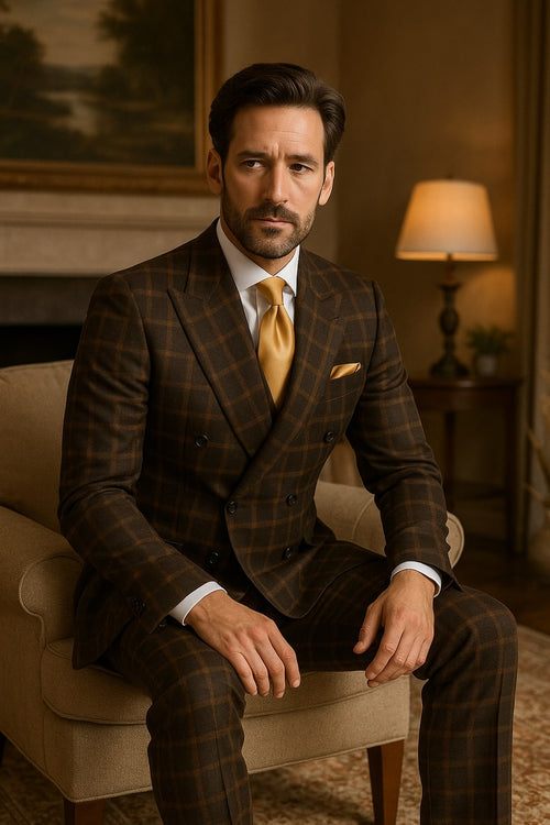 Men's Brown Plaid Double-Breasted Wool Suit – Classic Windowpane Two-Piece Formal Suit By Rossiman