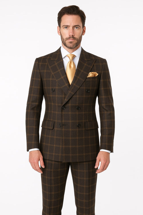 Rossiman Classic Wool Suit Brown Windowpane Plaid Double-Breasted Formalwear - New Arrival
