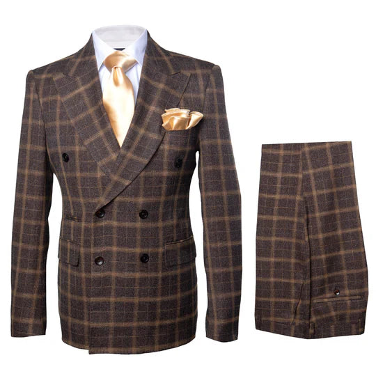 Rossiman Classic Wool Suit – Brown Windowpane Plaid Double-Breasted Formalwear - New Arrival - 34 Short or Extra Small