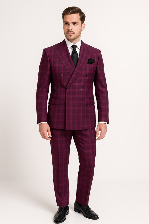 Burgundy Plaid Suit for Men Rossiman Double-Breasted Windowpane Two-Piece