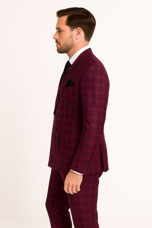 Burgundy Plaid Suit for Men Rossiman Double-Breasted Windowpane Two-Piece