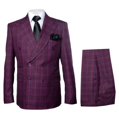 Burgundy Plaid Suit for Men Rossiman Double-Breasted Windowpane Two-Piece-New Designer Collection