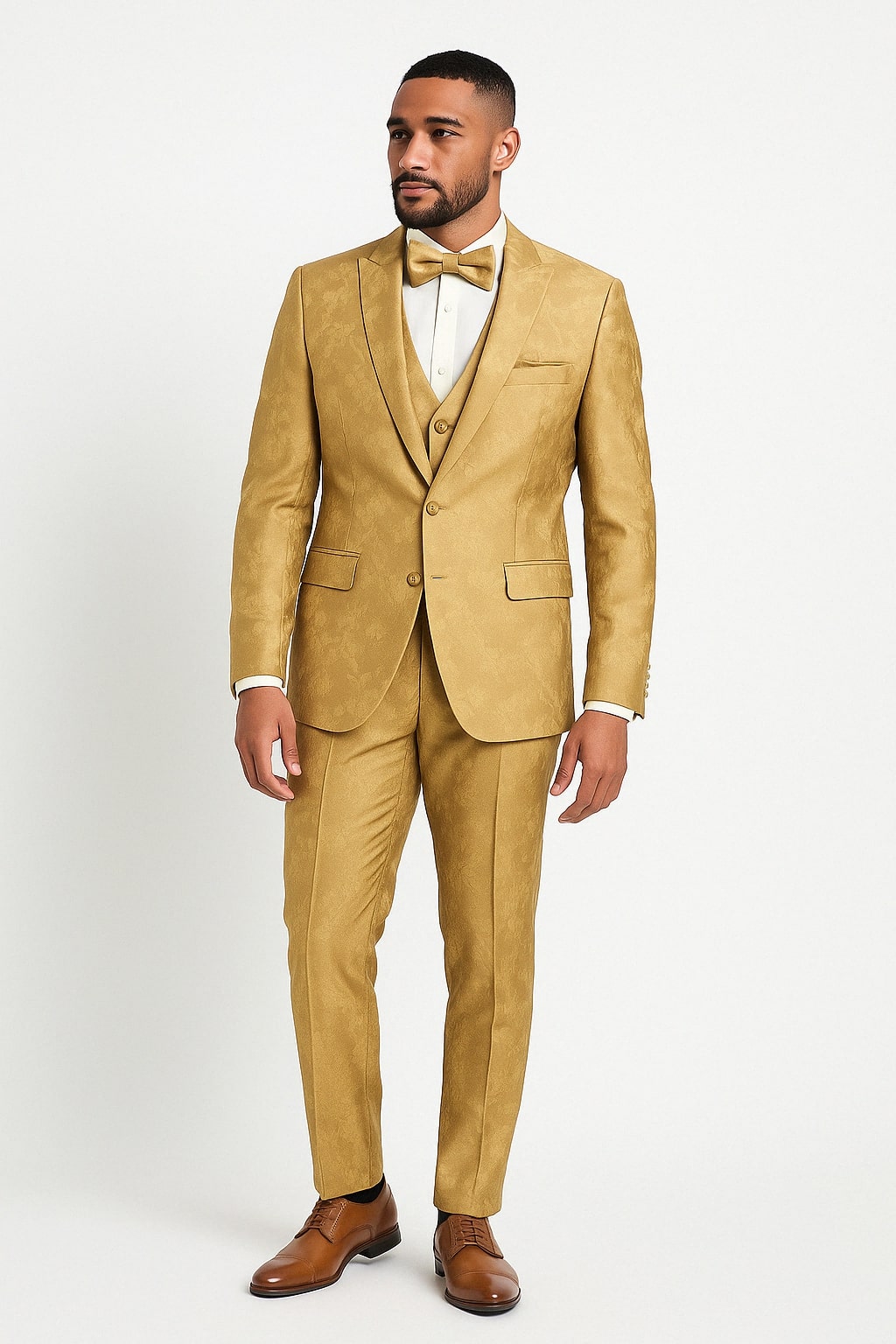Men's Gold Floral Brocade Three-Piece Suit with Vest and Bow Tie - 34 Short or Extra Small