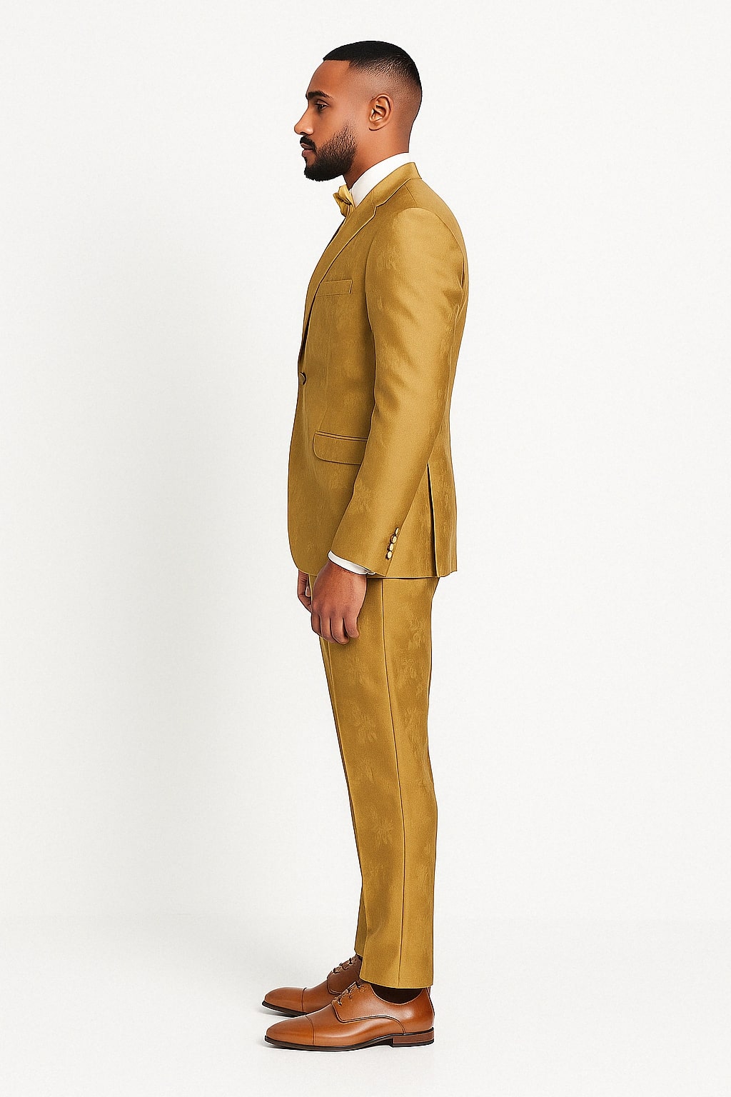 Men's Gold Floral Brocade Three-Piece Suit with Vest and Bow Tie - 34 Short or Extra Small