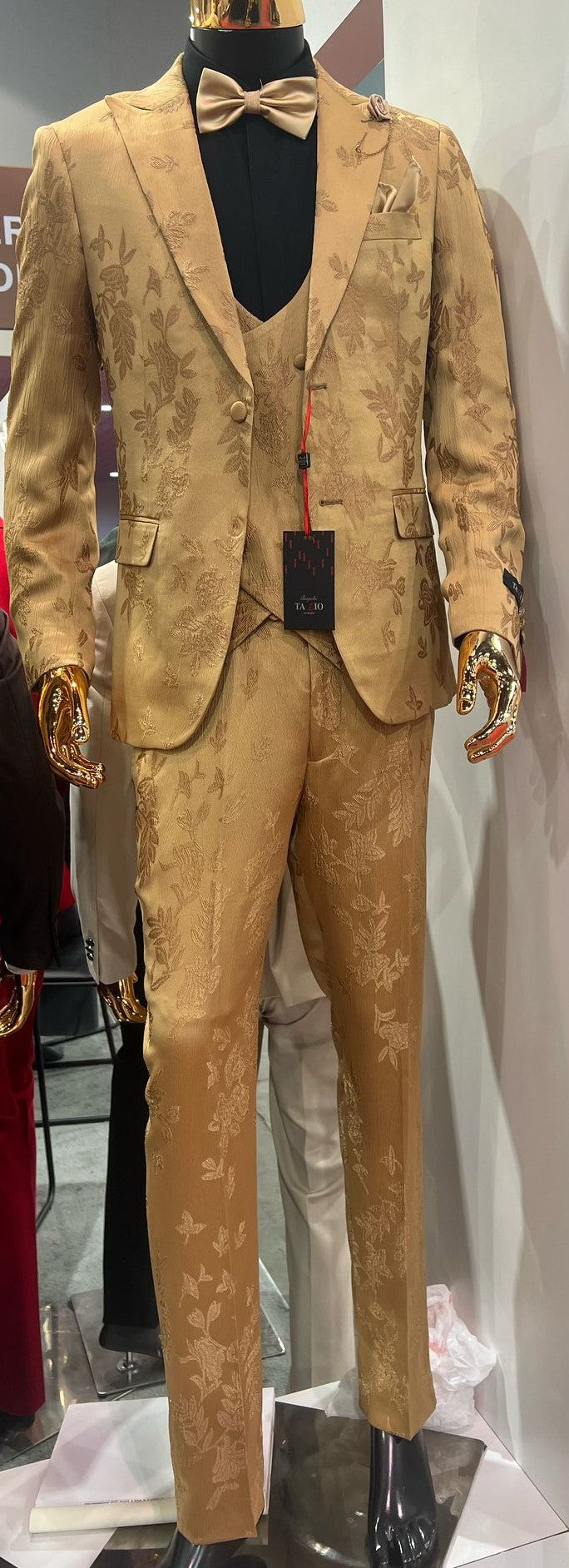 Men's Gold Floral Brocade Three-Piece Suit with Vest and Bow Tie - 34 Short or Extra Small