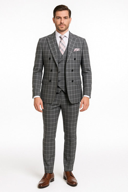 Mens Gray Checkered 3 Piece Double-Breasted Suit, Slim Fit Formal Outfit - Vested Glend Plaid Pattern Checkered