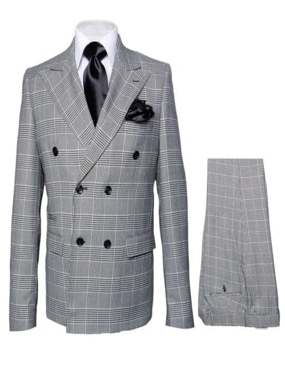 Men's Grey Glen Plaid Double-Breasted Suit – Classic Prince of Wales Check Two-Piece Set By Rossiman - 34 Short or Extra Small