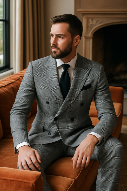 Grey Prince of Wales Check Suit Rossiman Glen Plaid Double-Breasted Two-Piece for Men