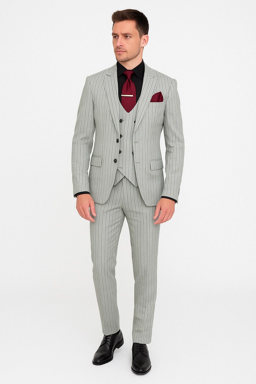 Men's Grey and Black Pinstripe Three-Piece Suit 1920s Suit Gangster Stripe Vintage Look - Default Title