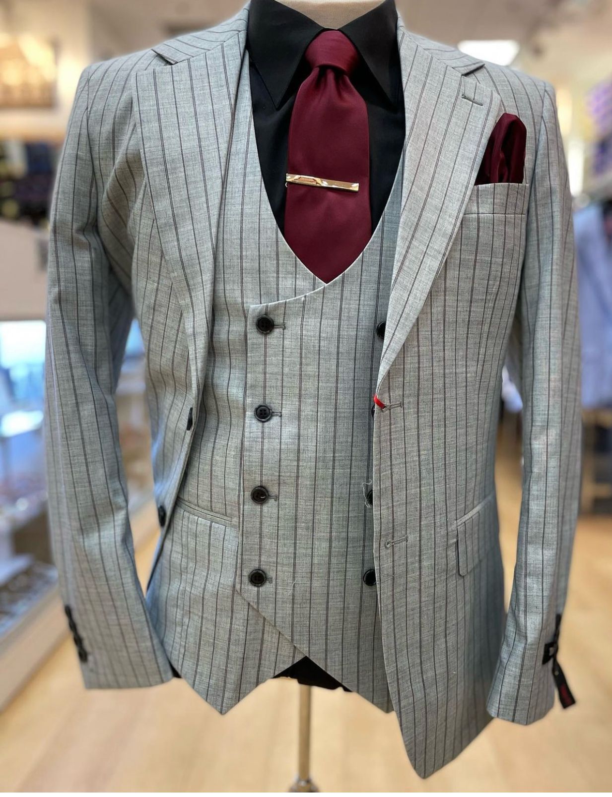 Men's Grey and Black Pinstripe Three-Piece Suit 1920s Suit Gangster Stripe Vintage Look - Default Title