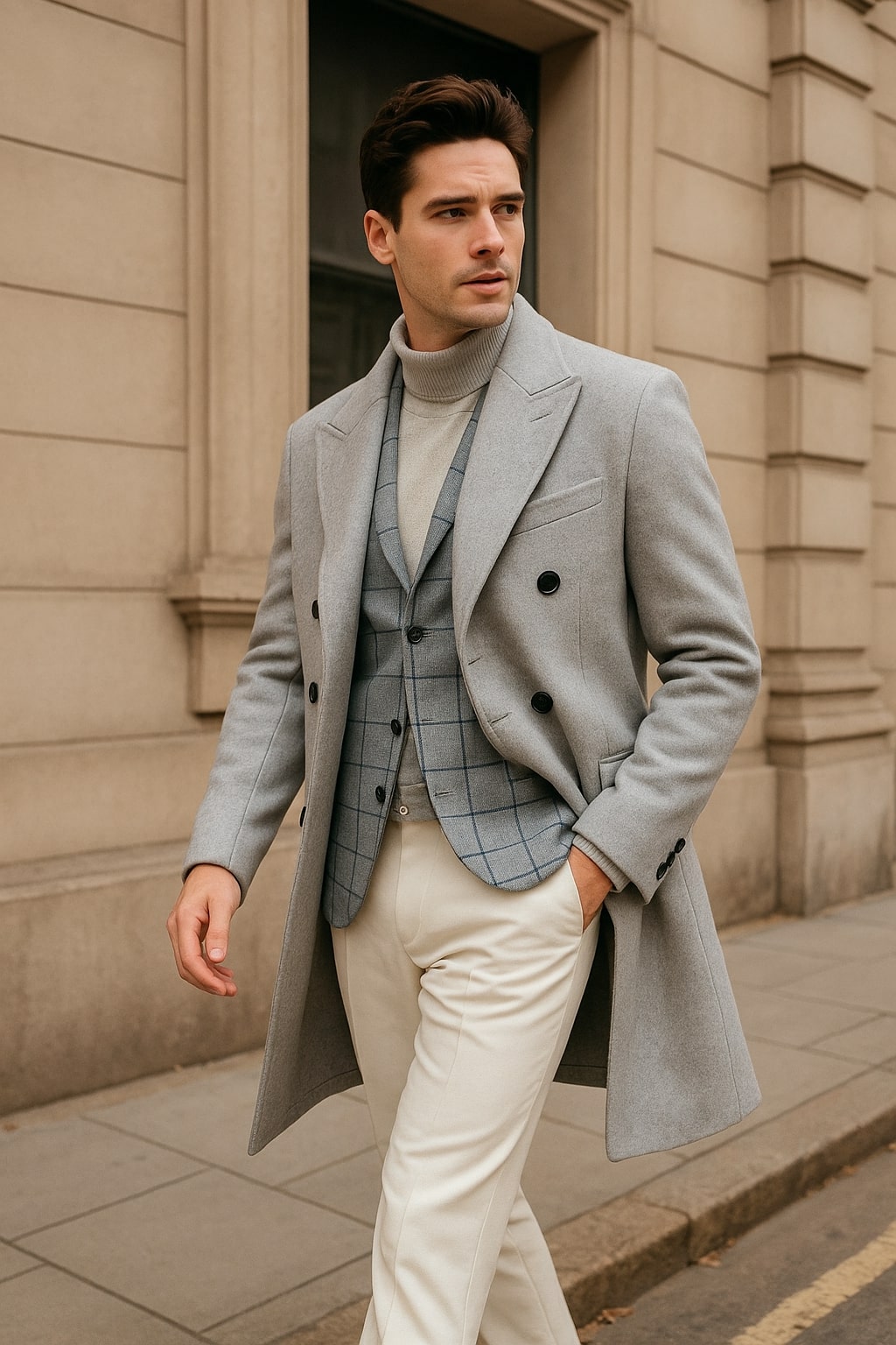 Men's Light Gray Double-Breasted Overcoat with Windowpane Vest – 3-Piece Wool Fabric By Alberto Nardoni - Coat Size 38