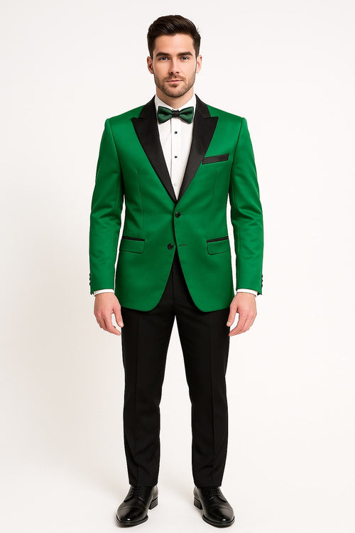 Men's Sateen Emerlad Green Tuxedo Jacket with Black Satin Lapel and Bow Tie Slim Fit Prom and Party Blazer