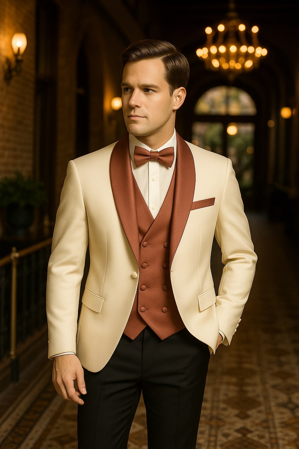 34 Men's White and Rose Gold Tuxedo with Mauve Satin Vest and Bow Tie â€“  Elegant Formalwear for Weddings and Events