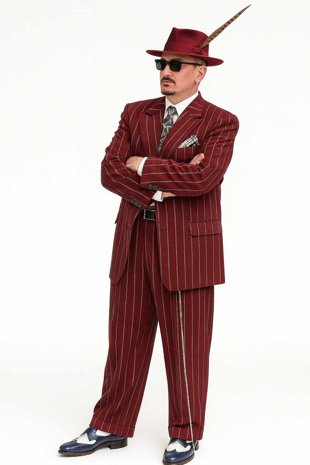 Burgundy Pinstripe Zoot Suit – 3 Piece 1920s/1930s Gangster Outfit (Jacket and Pants and Vest) Vintage Fashion - 34 Short or Extra Small