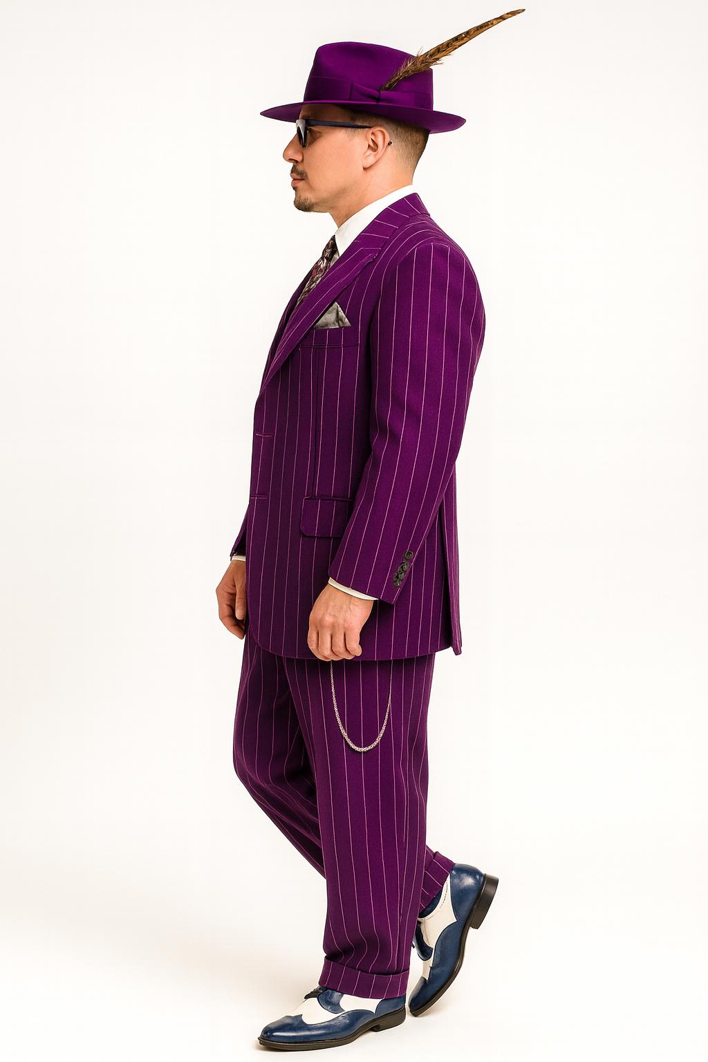 Purple Pinstripe Zoot Suit 3 Piece 1920s/1930s Gangster Outfit (Jacket and Pants and Vest) Vintage Fashion - 34 Short or Extra Small