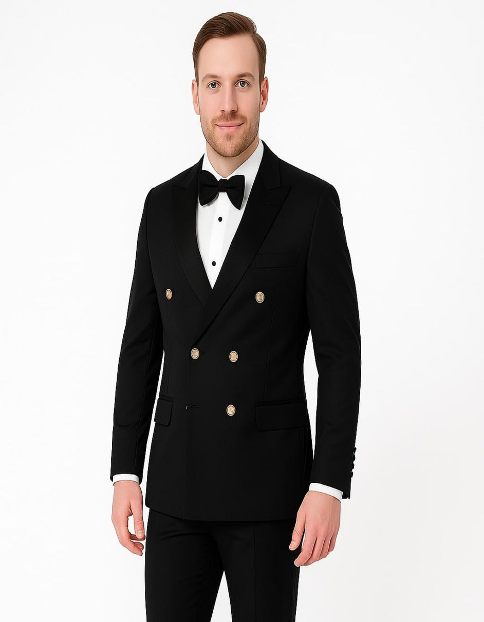 Men’s Black Double-Breasted Tuxedo – Classic Shawl Lapel Suit with Gold Buttons for Weddings, Galas, and Black Tie Events - 38 Short Jacket+32 Waist Adjustable 28to34)(Height: 5 4 to5 7 )(Neck 15-16.5)S-M)
