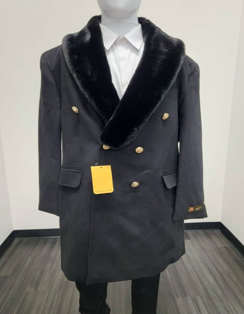 Mens Black Double-Breasted Overcoat with Faux Fur Collar and Gold Buttons