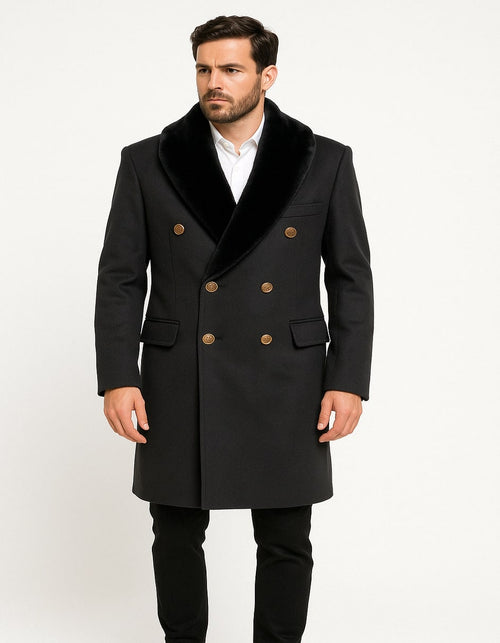 Mens Black Double-Breasted Overcoat with Faux Fur Collar and Gold Buttons