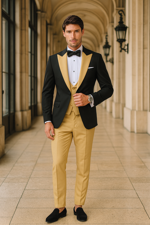 Mens Black and Goldish Champaign Camel Bronze Tuxedo with Satin Shawl Lapel and Matching Vest with Bowtie