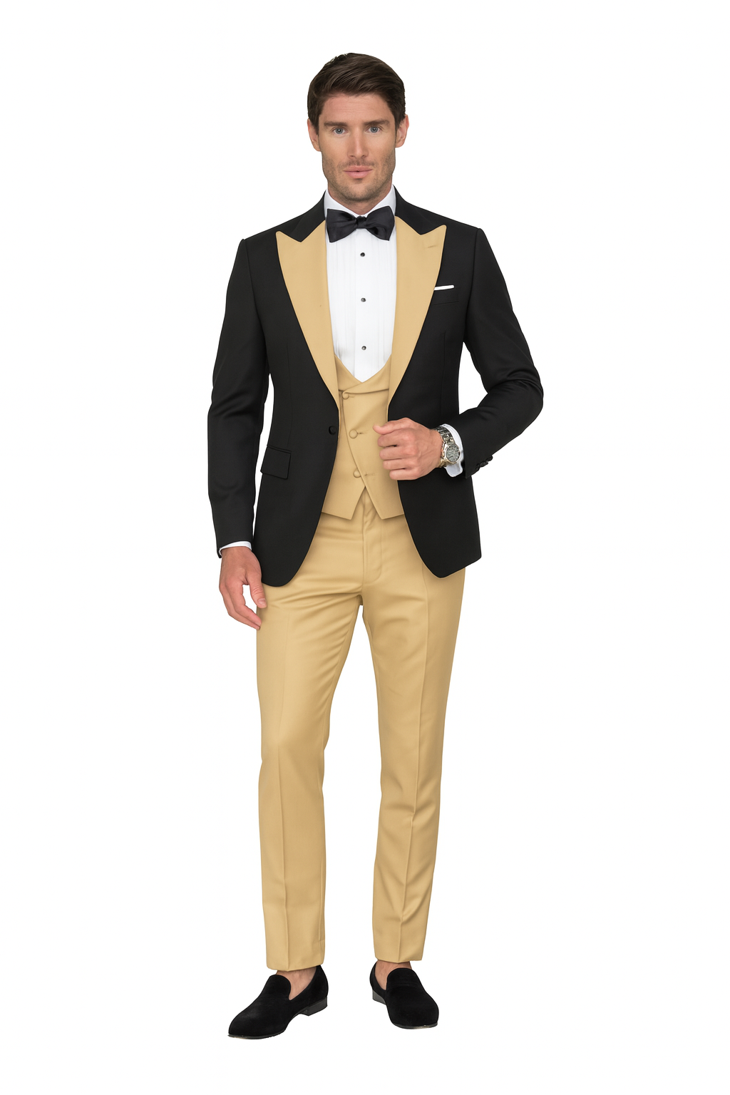 Mens Black and Goldish Champaign Camel Bronze Tuxedo with Satin Shawl Lapel and Matching Vest with Bowtie