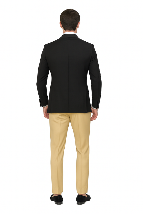 Mens Black and Goldish Champaign Camel Bronze Tuxedo with Satin Shawl Lapel and Matching Vest with Bowtie