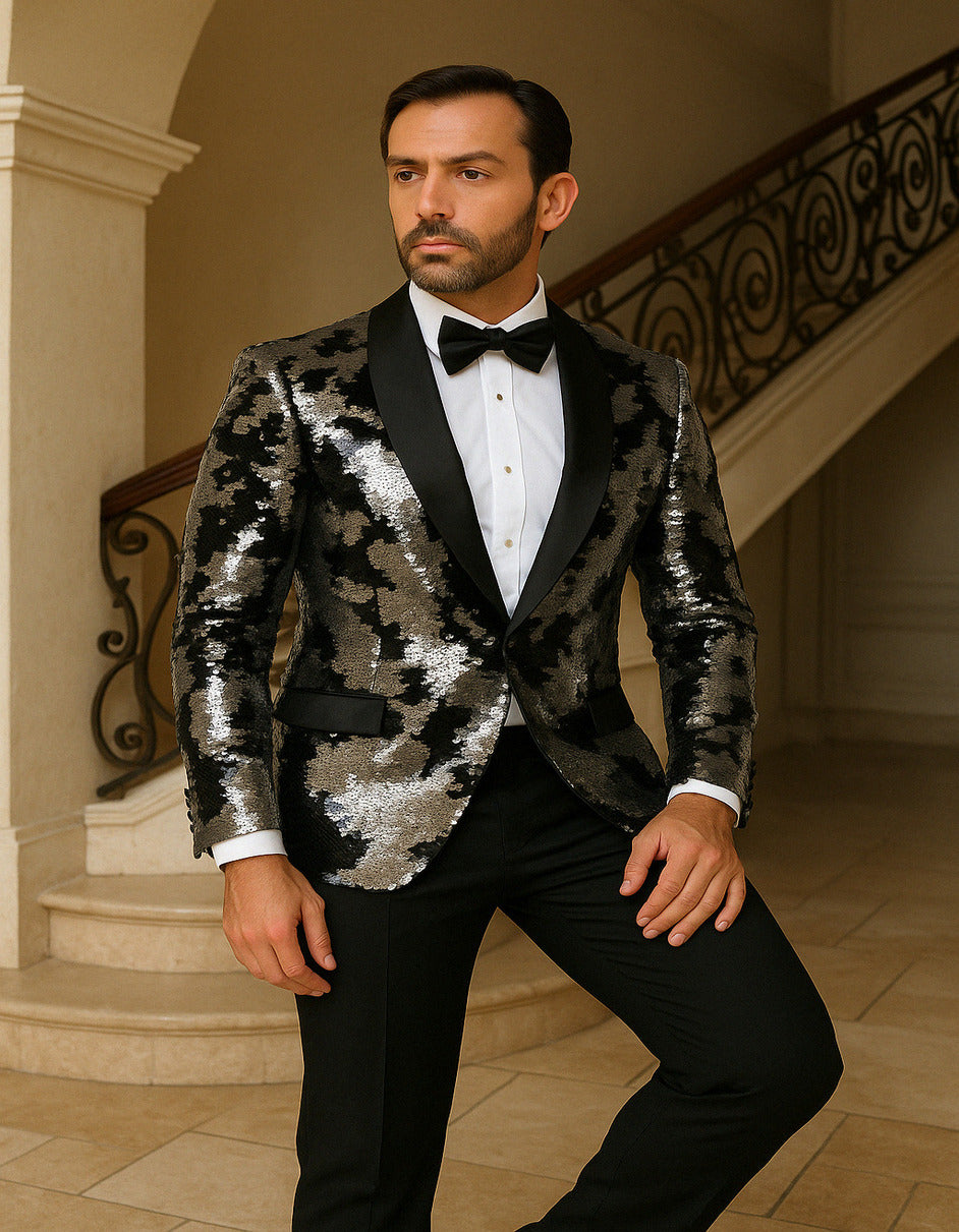 Men's Black and Silver Gray Sequin Tuxedo Blazer With Black Pants - 34 Short or Extra Small