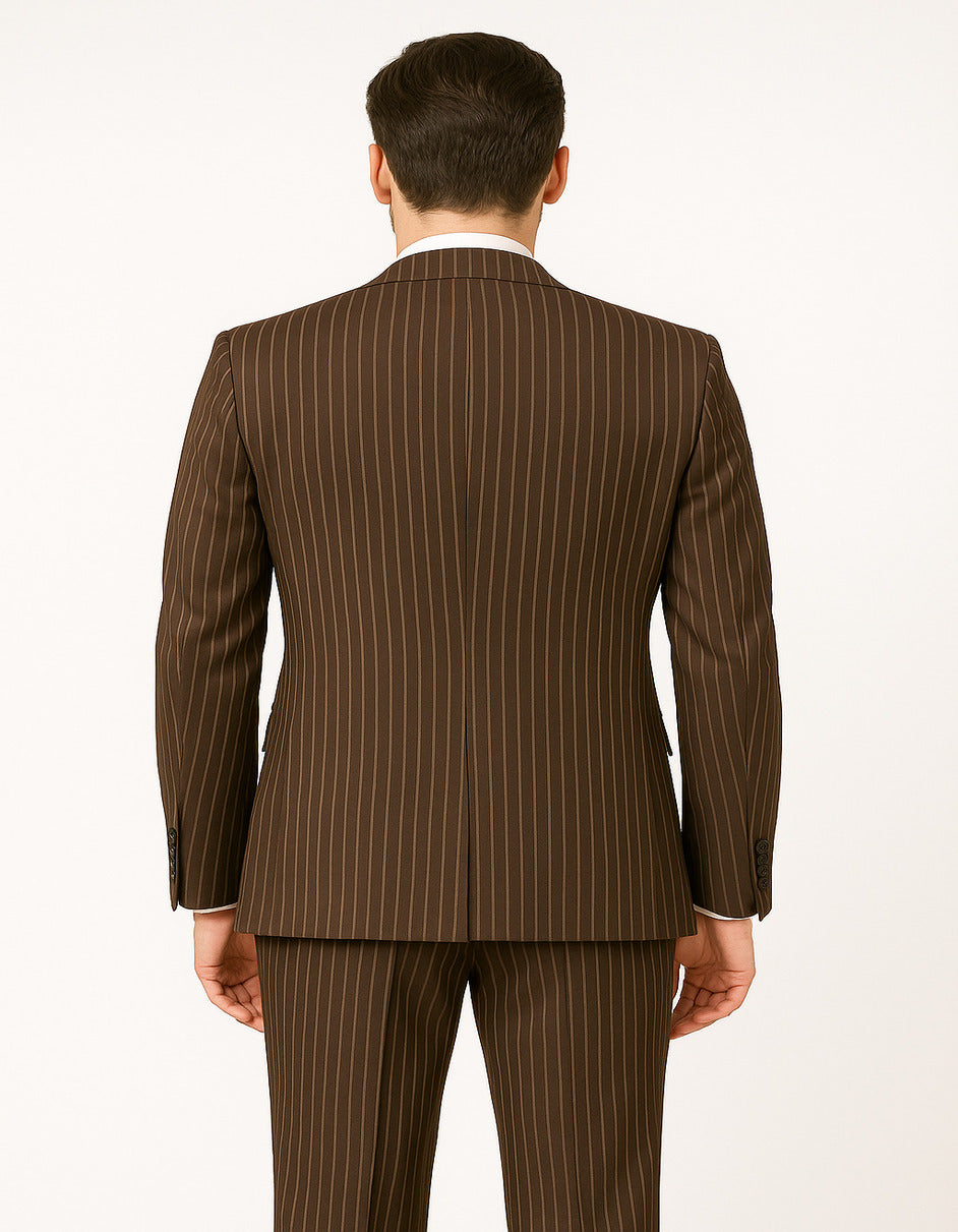 Men's Brown Pinstripe 3-Piece Suit with Matching Vest – Classic Fit Business and Formal Attire - 34 Short or Extra Small