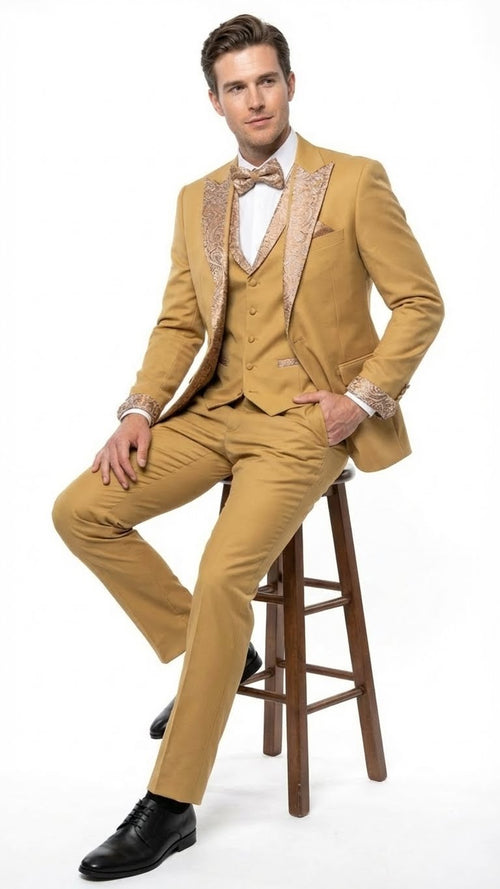 Men's Gold Embellished Tuxedo Suit + Bowtie Slim Fit Jacket, Vest and Tailored Pants