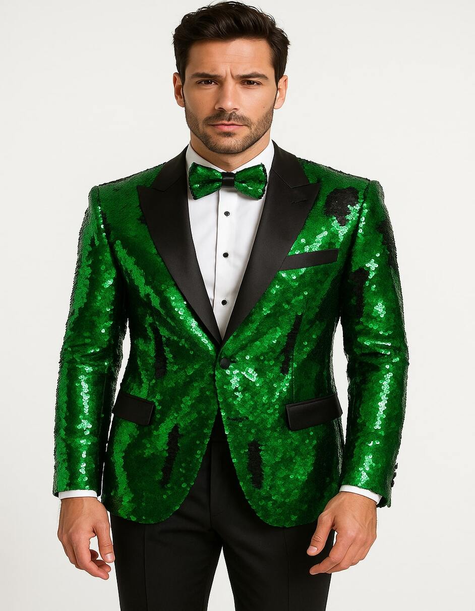 Men's Green Sequin Tuxedo Jacket with Black Satin Lapel and Bow Tie – Sparkling Party and Stage Blazer By Alberto Nardoni - 34 Short or Extra Small