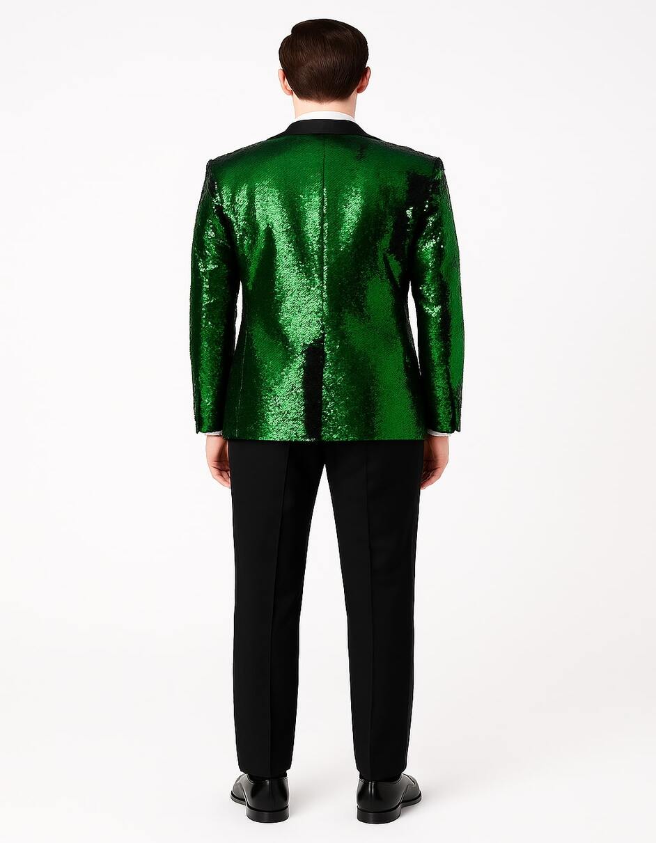 Men's Green Sequin Tuxedo Jacket with Black Satin Lapel and Bow Tie – Sparkling Party and Stage Blazer By Alberto Nardoni - 34 Short or Extra Small