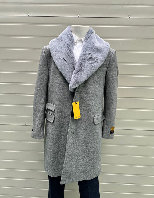 Mens Grey Wool Overcoat with Plush Faux Fur Shawl Collar - Winter Luxury Coat